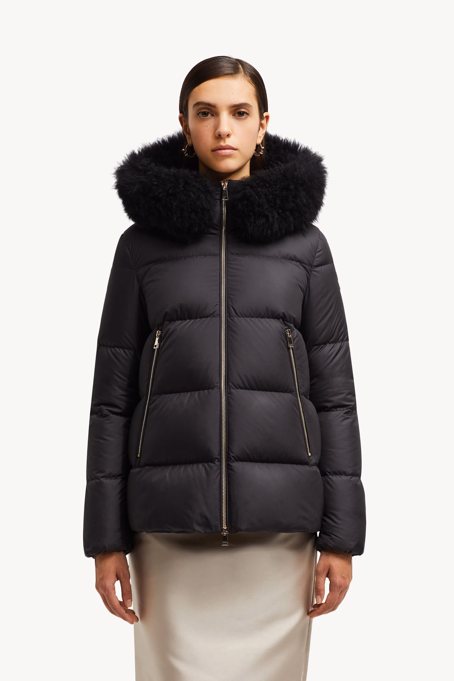 Laichefur Hooded Shearling-Trimmed Short Down Jacket Women Black Moncler 3